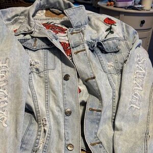 Men’s Carbon size Large Blue Embroidered Denim Jacket, distressed